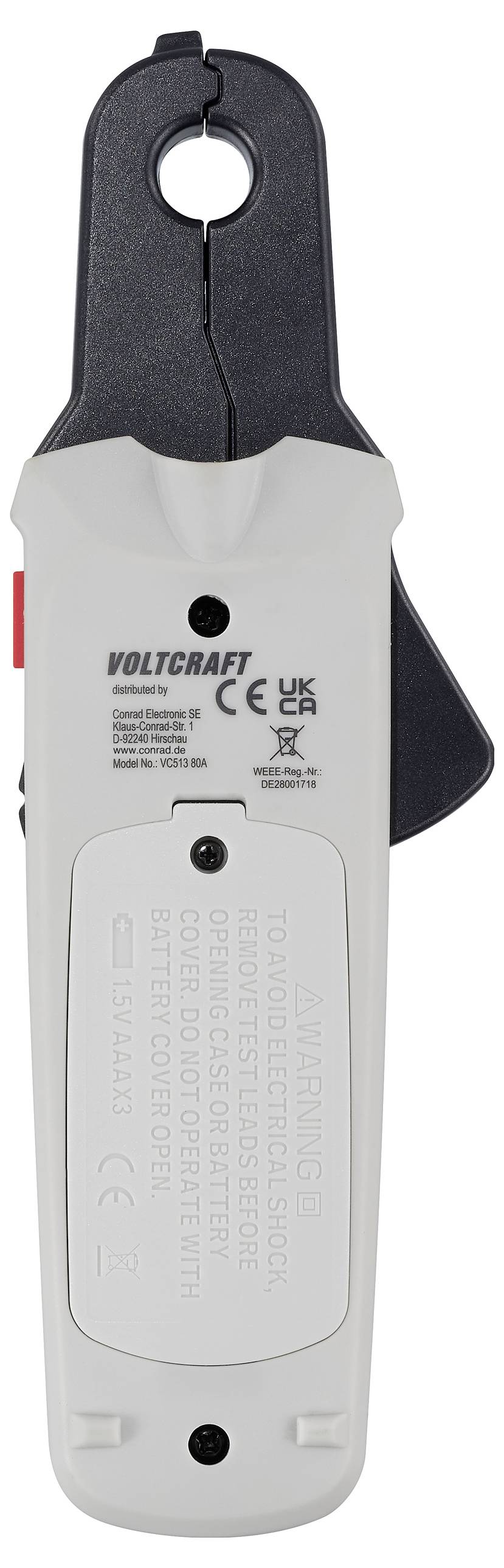 Een handmatige stroomtangtester met zwarte bekken en een wit behuizing, voorzien van veiligheidswaarschuwingen en certificatie-pictogrammen op zijn oppervlak.