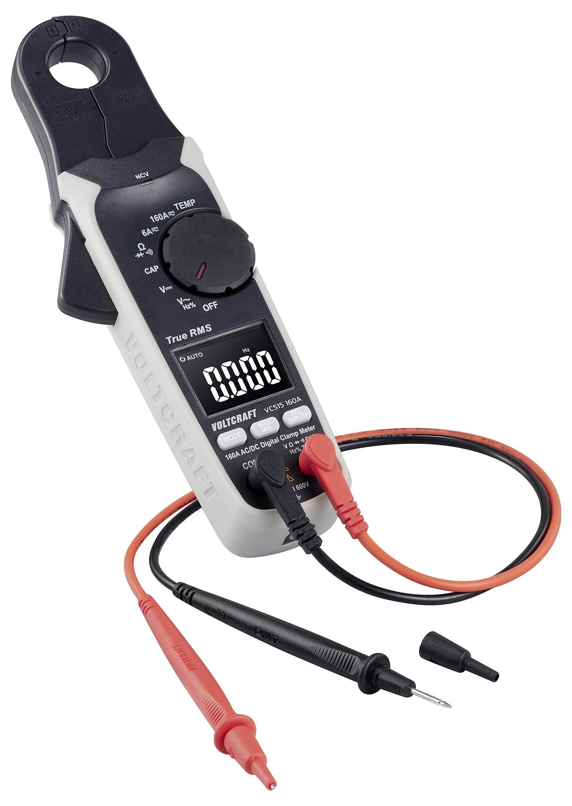 Digitale multimeter met klemfunctie, zwart display en rood en zwart meetkabel.