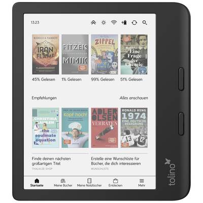 Een E-Reader toont boekomslagen en de leesvoortgang. Bovenste rij: 'Iron Flame', 'Mimiek', kinderboeken. Onderste rij: verdere titels.