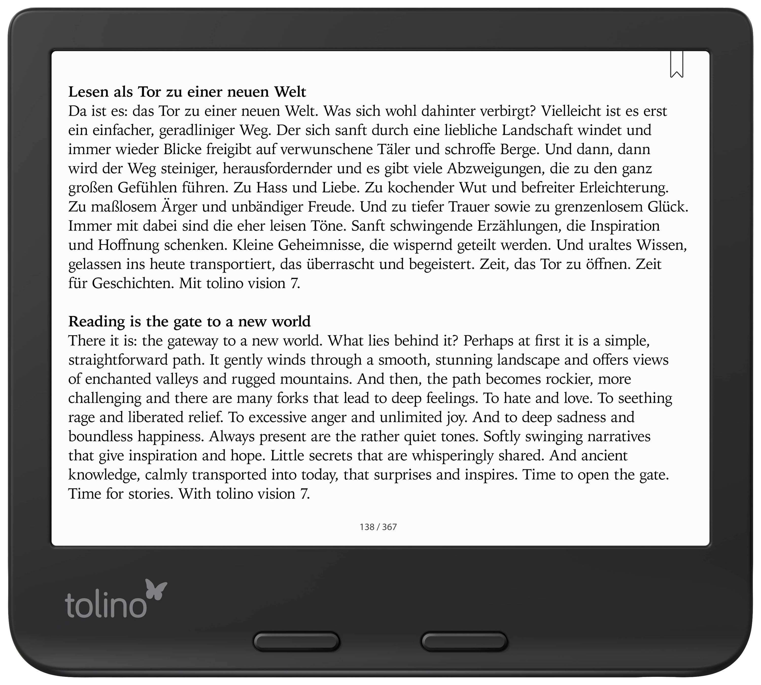 Een e-reader toont Engelse en Duitse tekst over het belang van lezen als een poort naar nieuwe werelden.