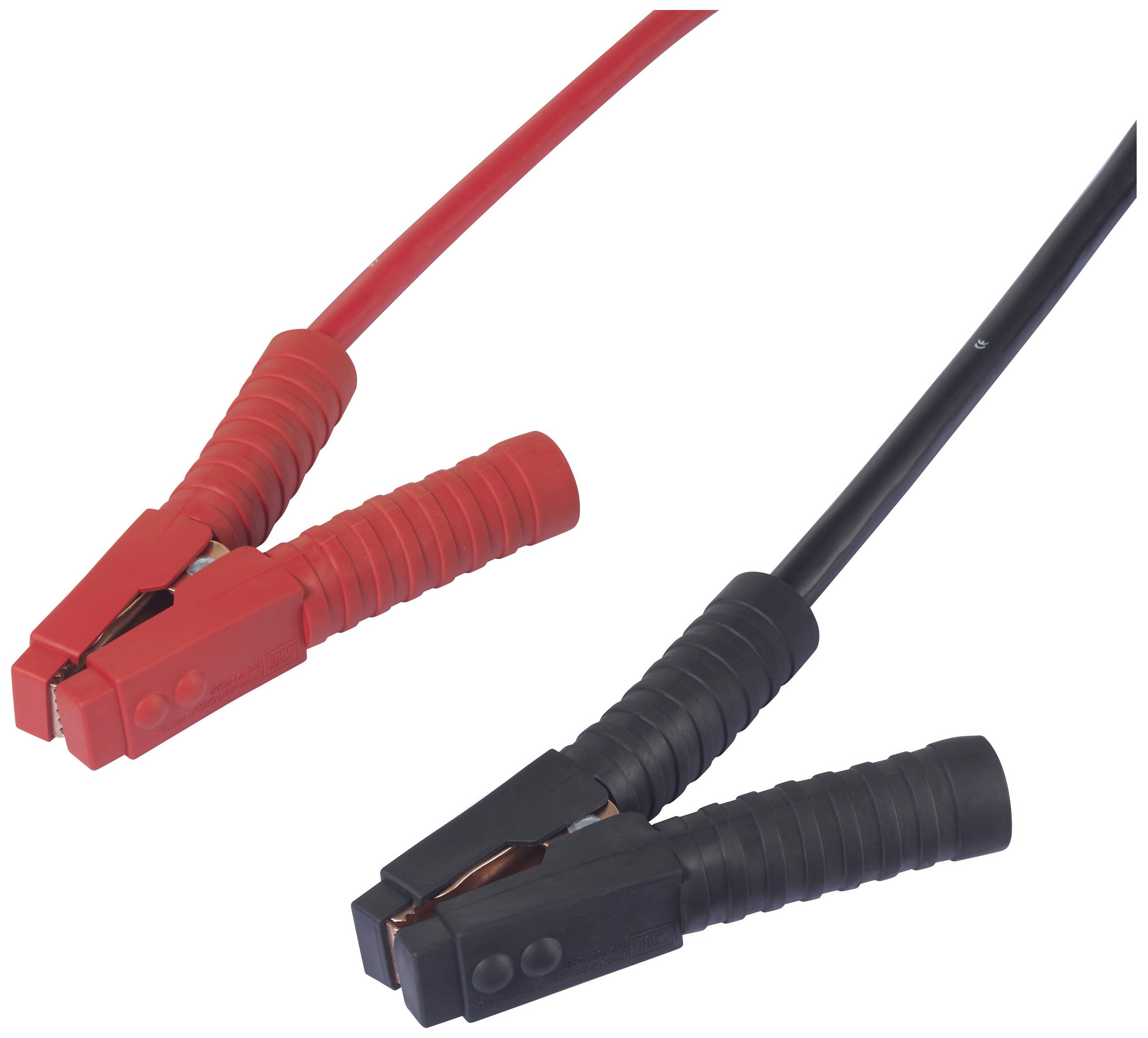 Rood en zwart startkabel met klemmen voor het verbinden van autobatterijen.