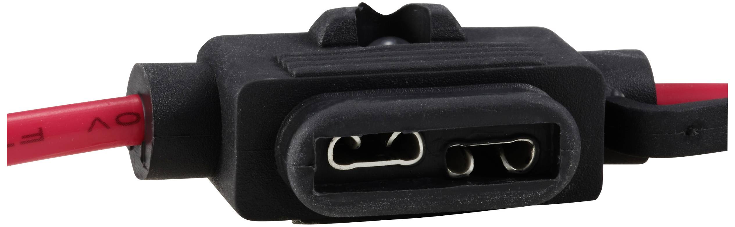 Zwart-rode elektrische connector, close-up. De connector heeft twee metalen pinnen in een rechthoekige zwarte kunststof behuizing.