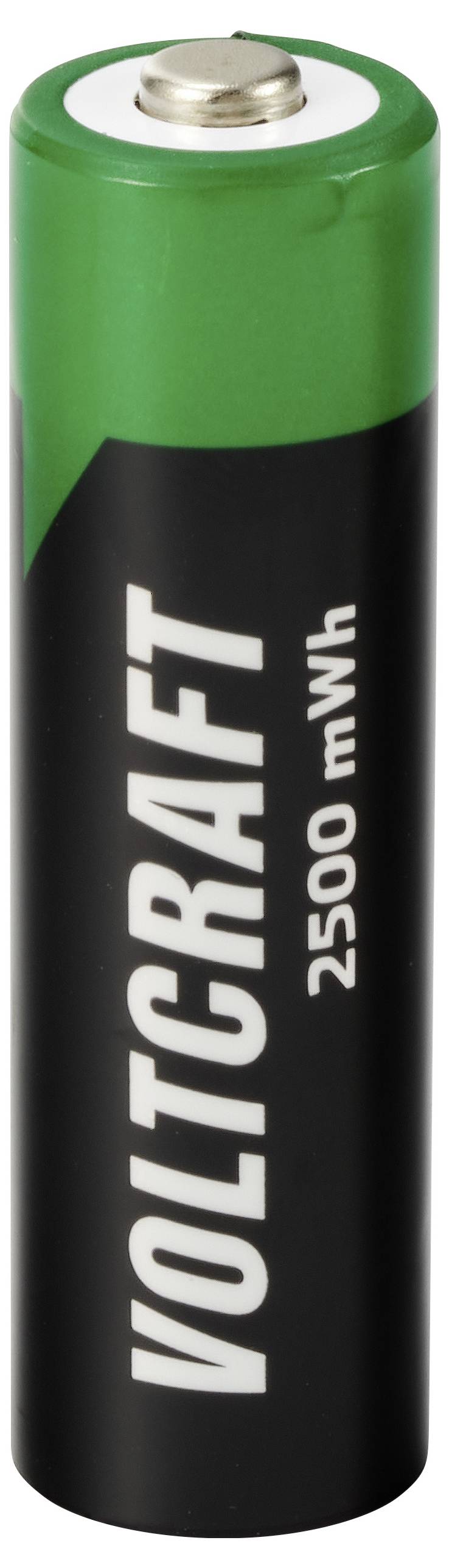 Zwarte batterij met groene kop, gemarkeerd met 'VOLTCRAFT 2500 mWh'.