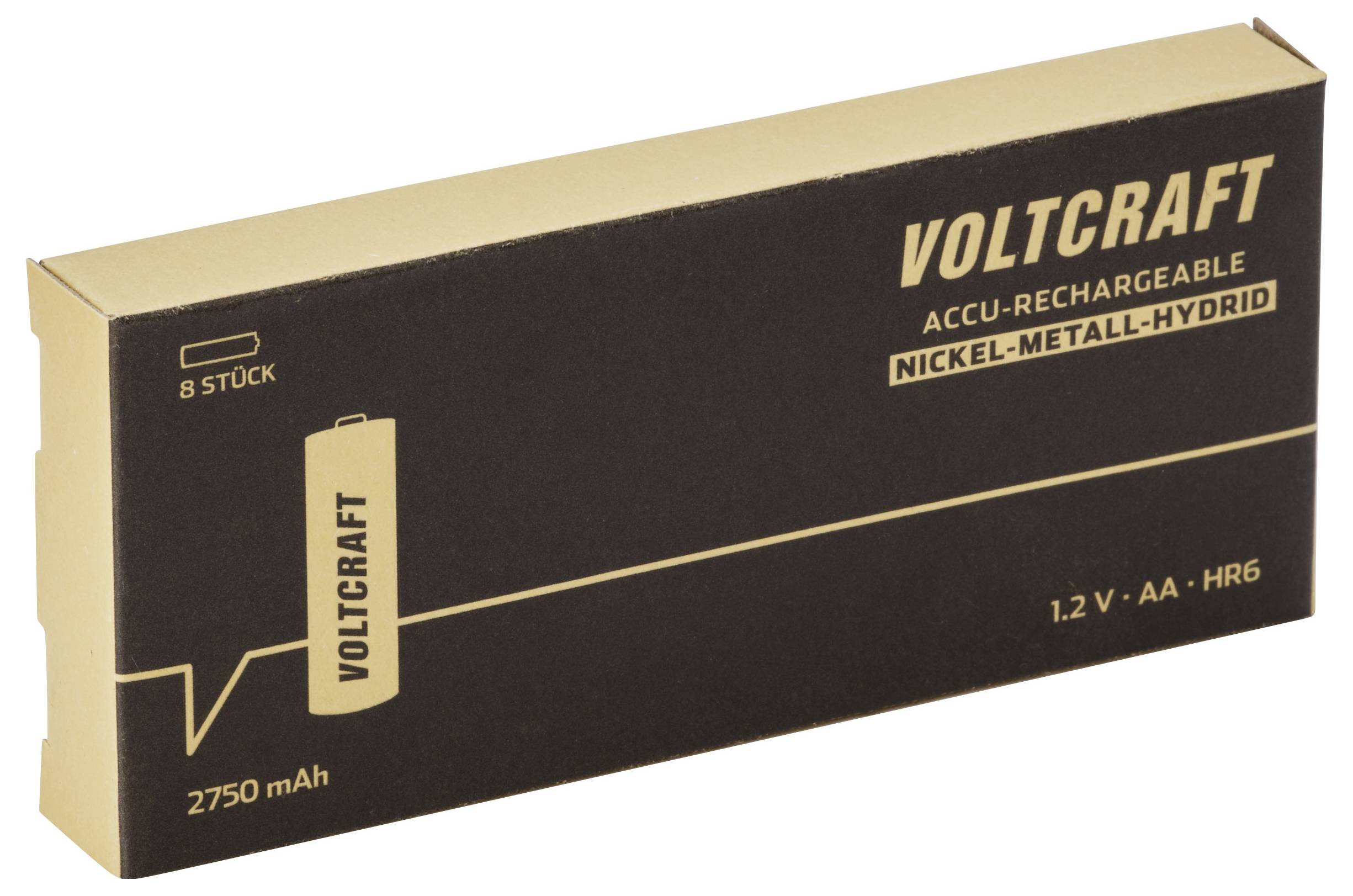 Een verpakking met het opschrift 'VOLTCRAFT Accu-Oplaadbare Nikkel-Metaal-Hybride, 1.2V AA, HR6, 2750 mAh'. Bevat 8 stuks.
