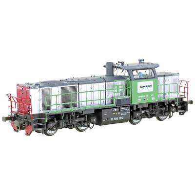 Dit is een model van een groene en grijze rangeerlocomotief met rode elementen. Op de locomotief staat de tekst 'CAPTRAIN'.