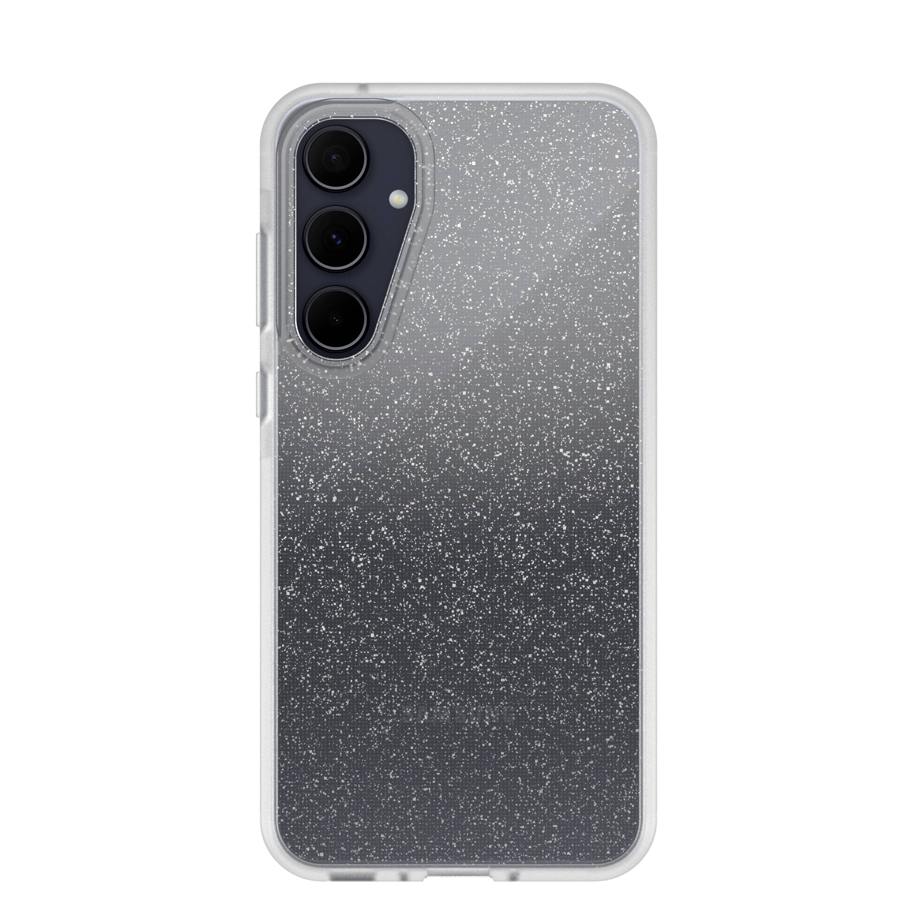 Transparante beschermhoes met glitterpatroon voor een smartphone, met drie cameragaten.
