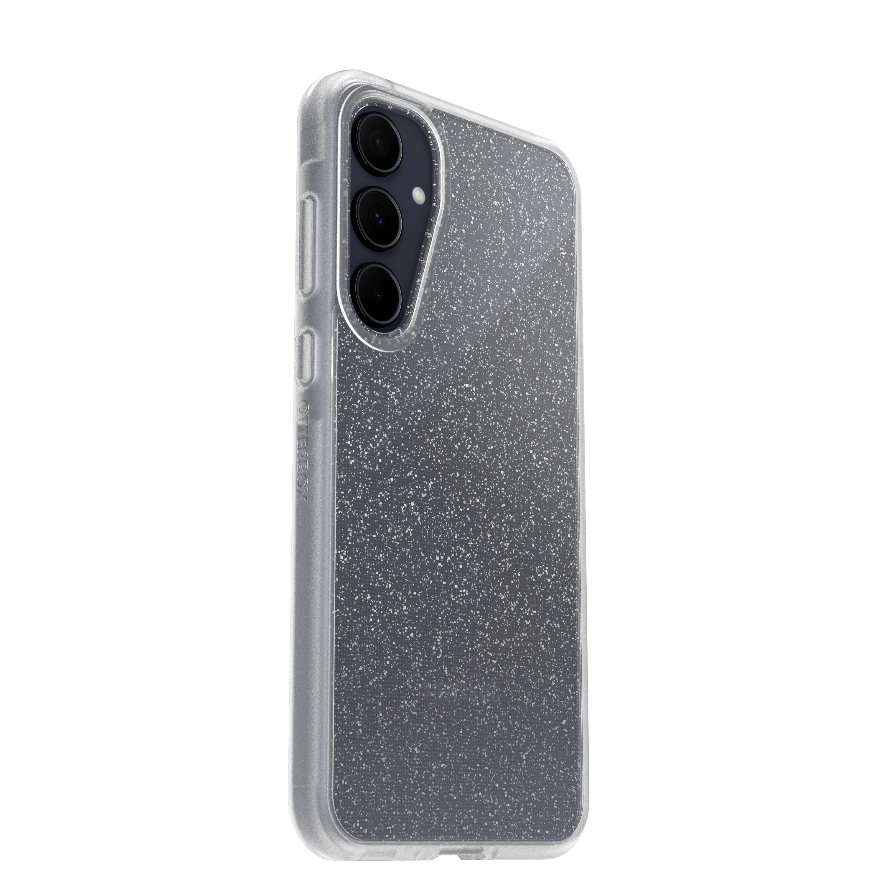 Transparante telefoonhoes met glinsterende print, biedt bescherming voor de achterkant van de smartphone, met zijdelings zichtbare knoppen en cameragaten.
