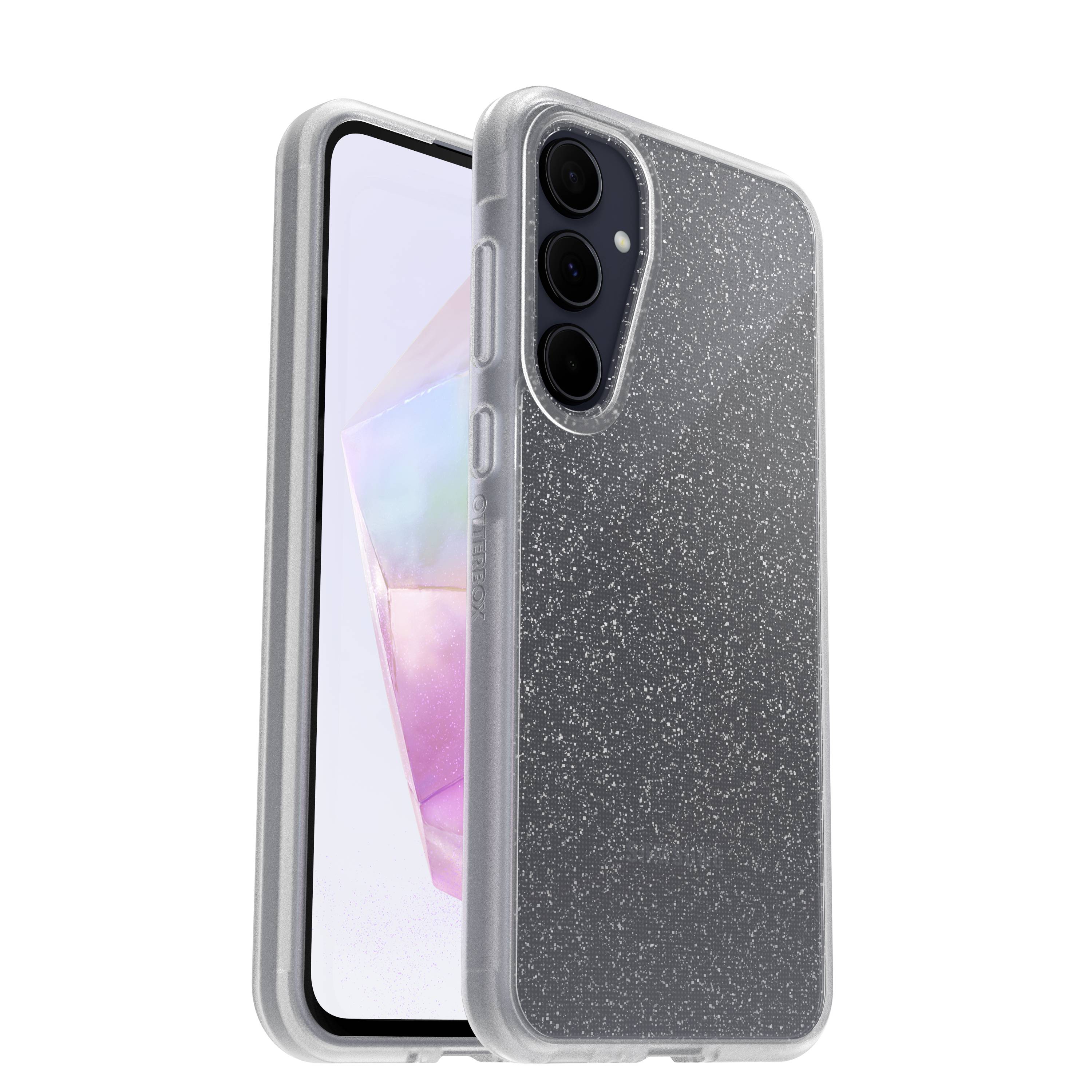 Een smartphone met een glinsterende, doorzichtige hoes die de achterkant beschermt. Het display toont een abstract, kleurrijk motief.