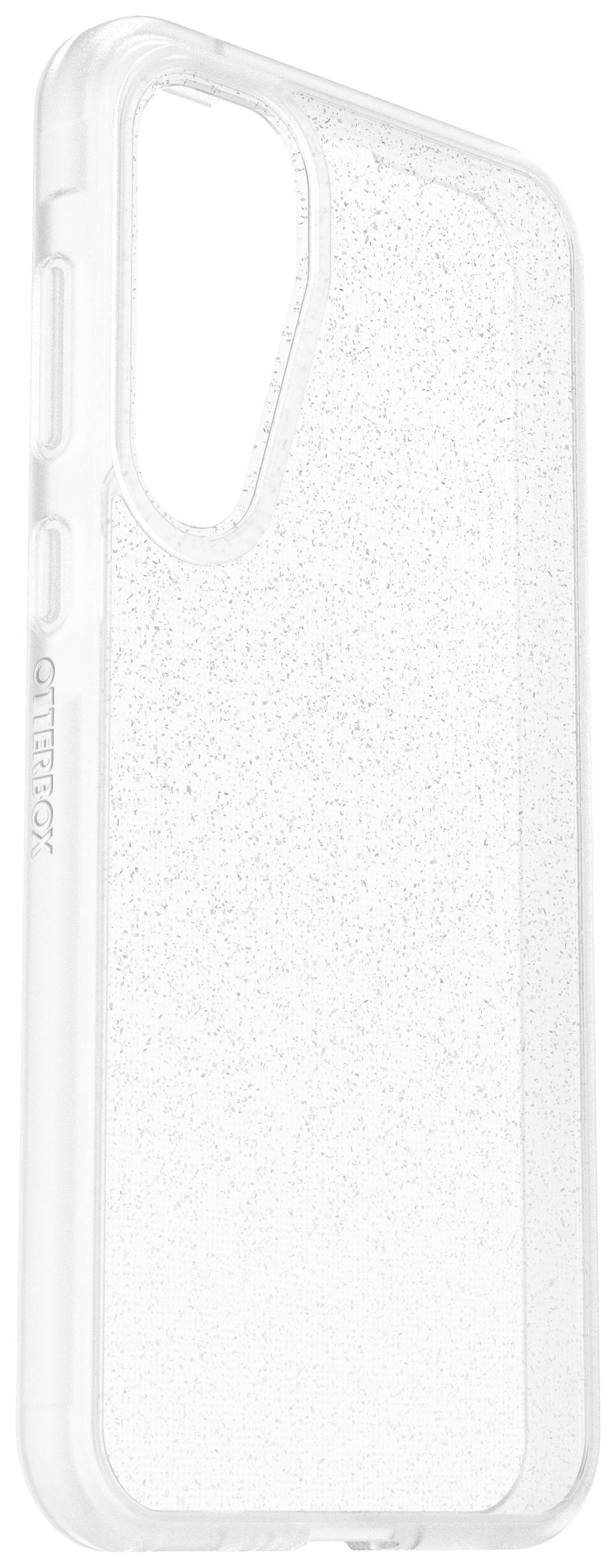 Transparante telefoonhoes met glittereffect, toont verticaal design en uitsparingen voor camera en knoppen.