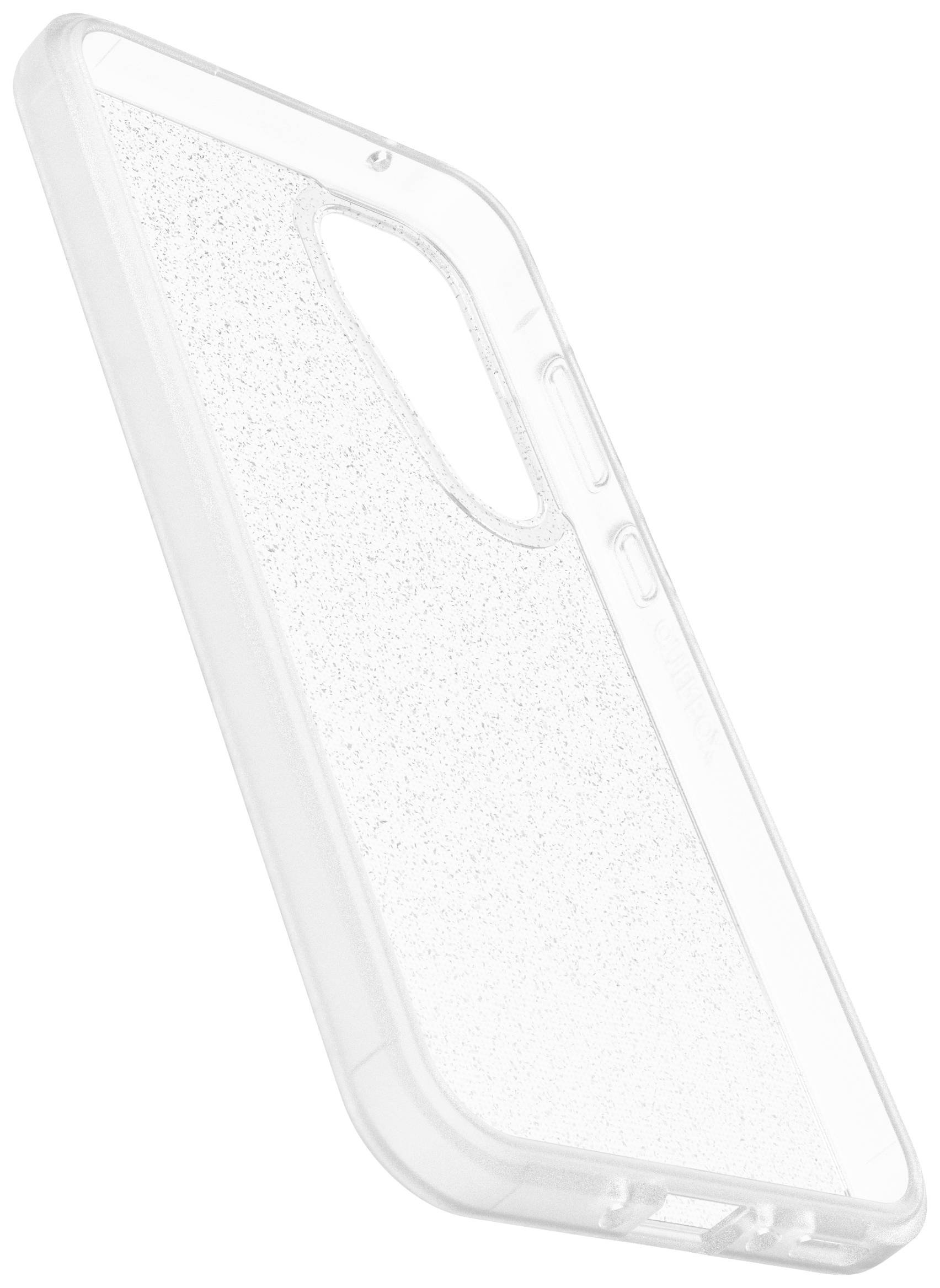 Transparante telefoonhoes, licht schuin gefotografeerd, versierd met glitterdeeltjes, toont openingen voor camera en knoppen.