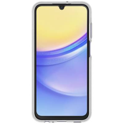Een smartphone met een gekleurde schermachtergrond, afgebeeld in een transparante hoes.