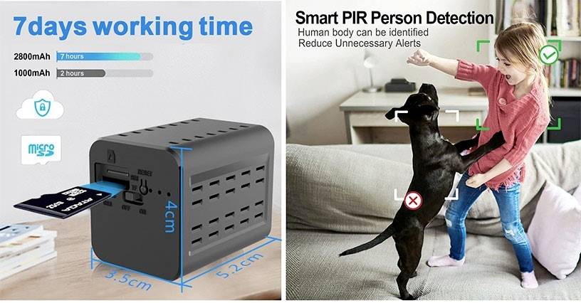 Kleine bewakingscamera toont looptijd van 7 dagen, microSD-kaart compatibiliteit. Kind speelt met hond - intelligente persoonherkenning.