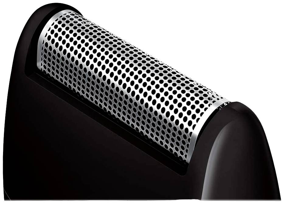 Elektrische scheerapparaat met zilveren scheerblad en zwarte behuizing.