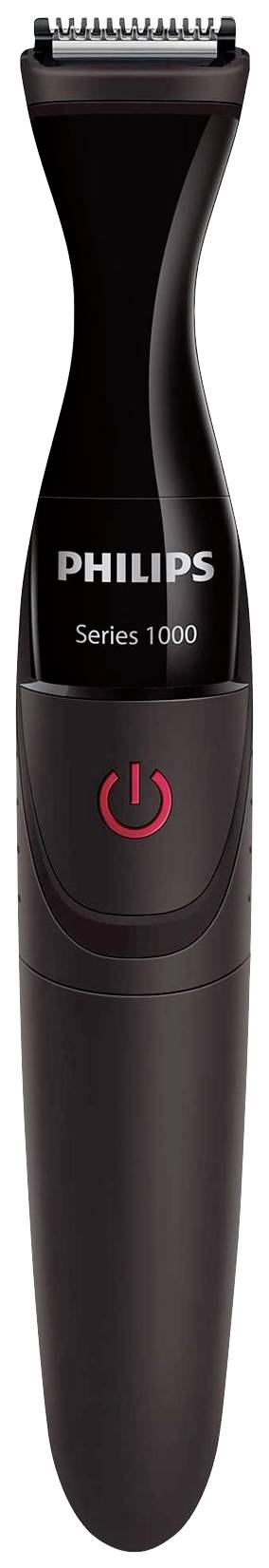 Elektrische trimmer met zwarte behuizing, rode aan-/uitschakelaar en de tekst 'PHILIPS Series 1000' op de voorkant.