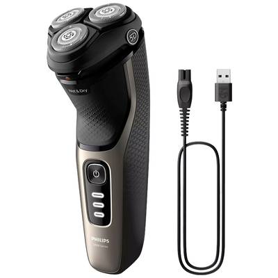 Elektrische scheerapparaat van Philips met drie roterende scheerkopjes en een USB-oplaadkabel. Modelnaam 'Philips 5000 Series'.