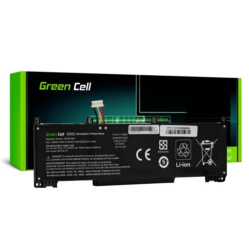 Laptop-accu van Green Cell voor groene verpakking. Toont specificaties en symbolen voor oplaadbare lithium-ion-batterijen.