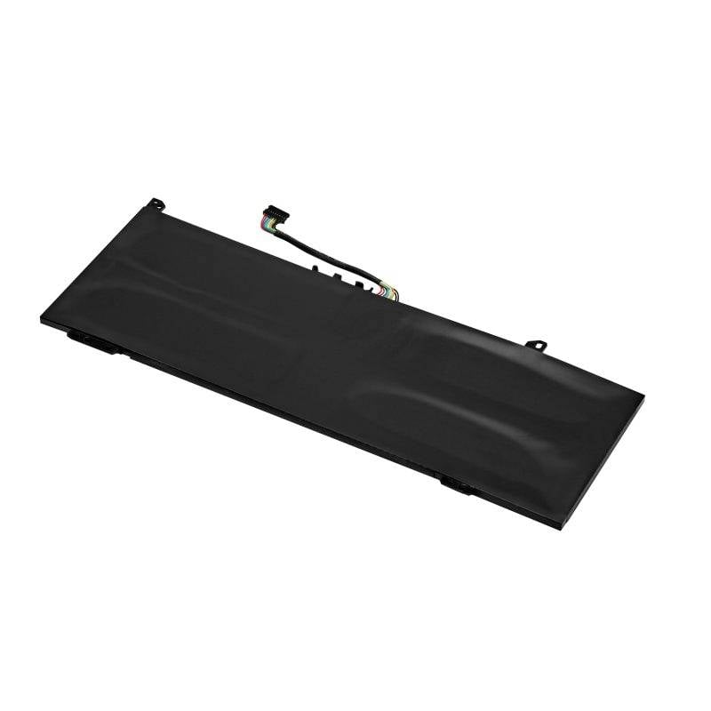 Een rechthoekige laptopaccu met een zwart oppervlak en een meerkleurige kabelaansluiting.