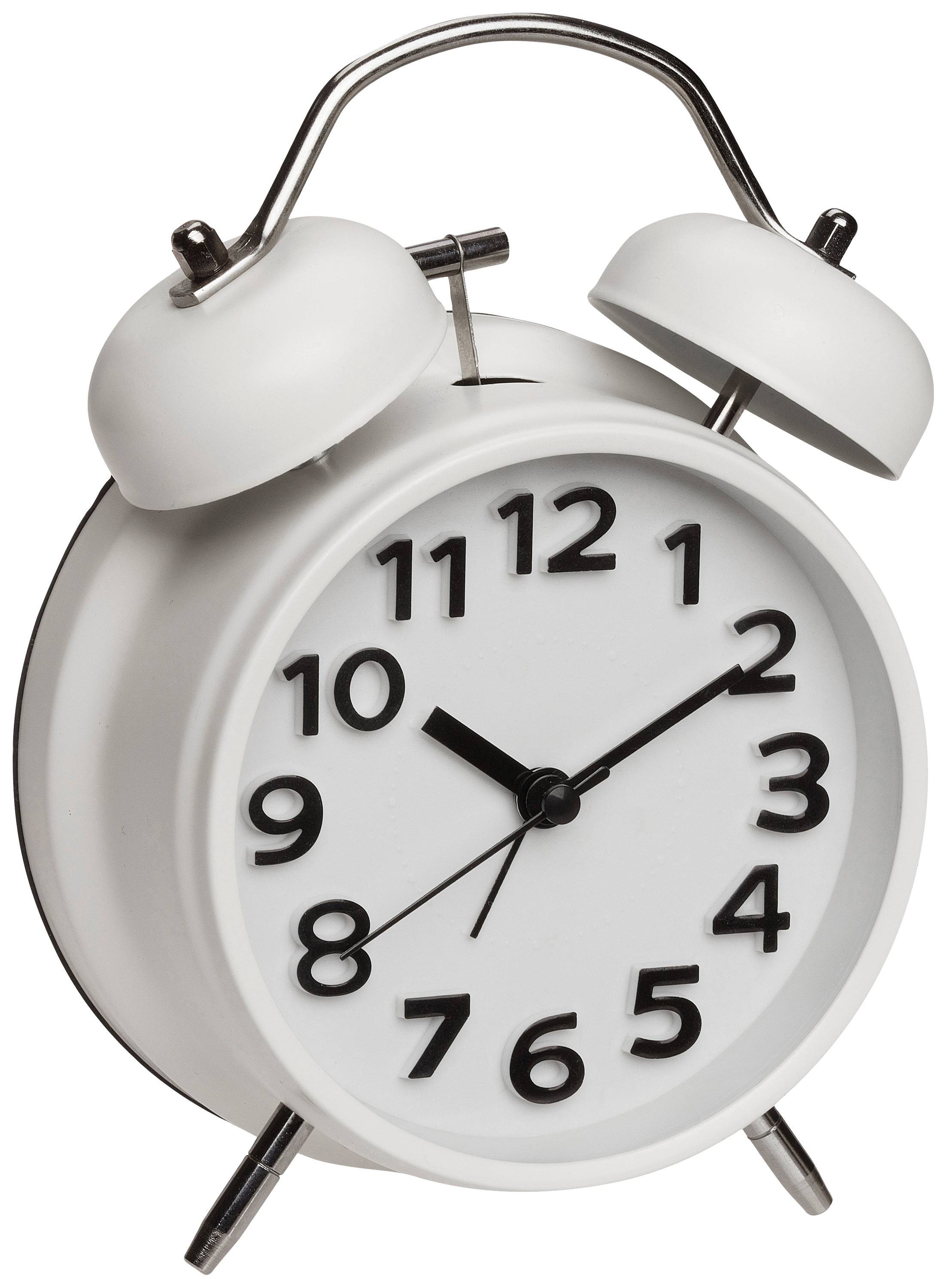 Een witte wekker met grote zwarte cijfers en twee bellen toont 7:00 uur.