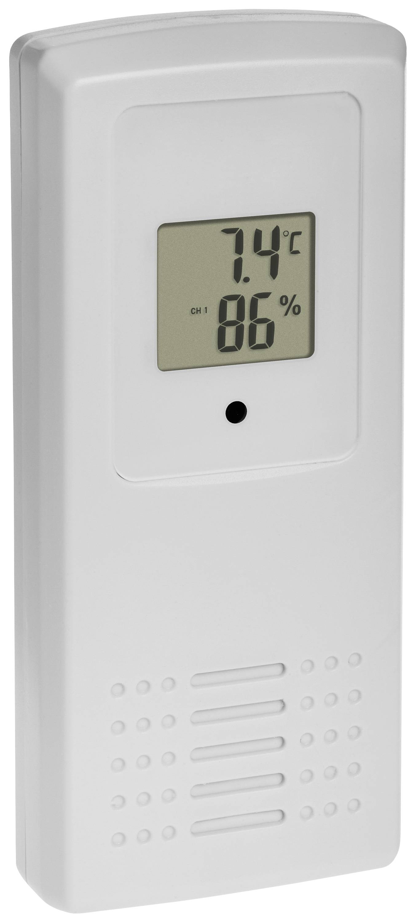 Een digitaal thermo-hygrometer toont '7,4°C' en '86%' voor temperatuur en luchtvochtigheid op een lcd-scherm.