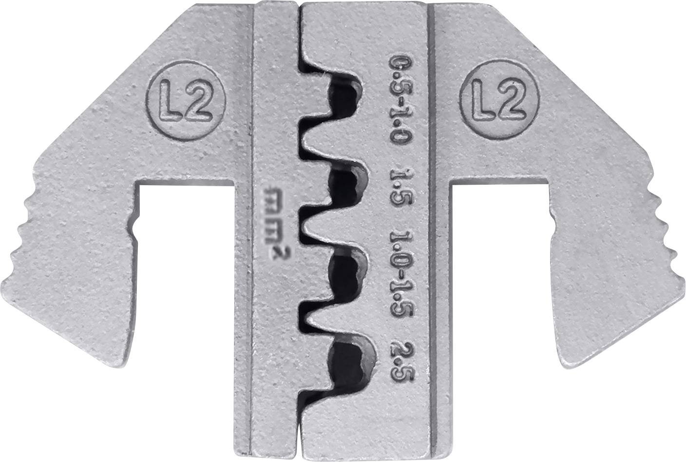 Metalen klem voor kabelverbindingen met drie verschillende inkepingen voor kabelgroottes. Markeringen: 'L2', '6-9', '10-15', '25 mm²'.