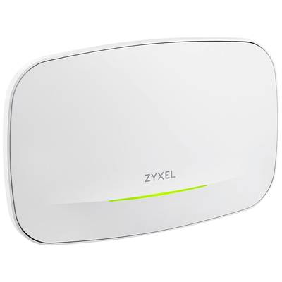 Een witte Zyxel-router, rechthoekig met afgeronde hoeken, toont een groen lampje aan de voorkant.