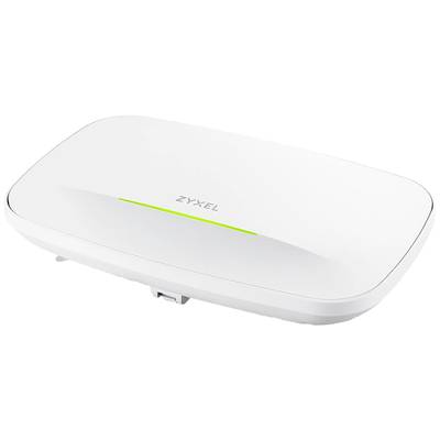Een witte, platte WiFi-router van Zyxel met een groene lichtstreep aan de bovenkant.