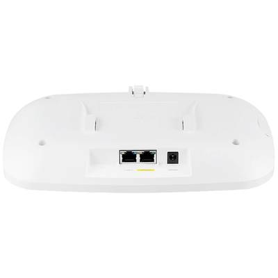 Achterkant van een wit netwerkapparaat met twee Ethernet-poorten en een stroomaansluiting, geschikt voor wand- of plafondmontage.
