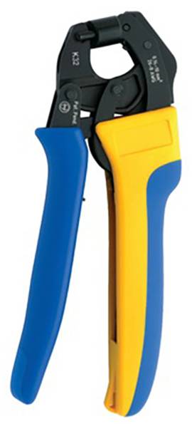 Een paar handkramp­tang met gele en blauwe handvatten, voorzien van een zwart metalen krimpingsmechanisme bovenaan.