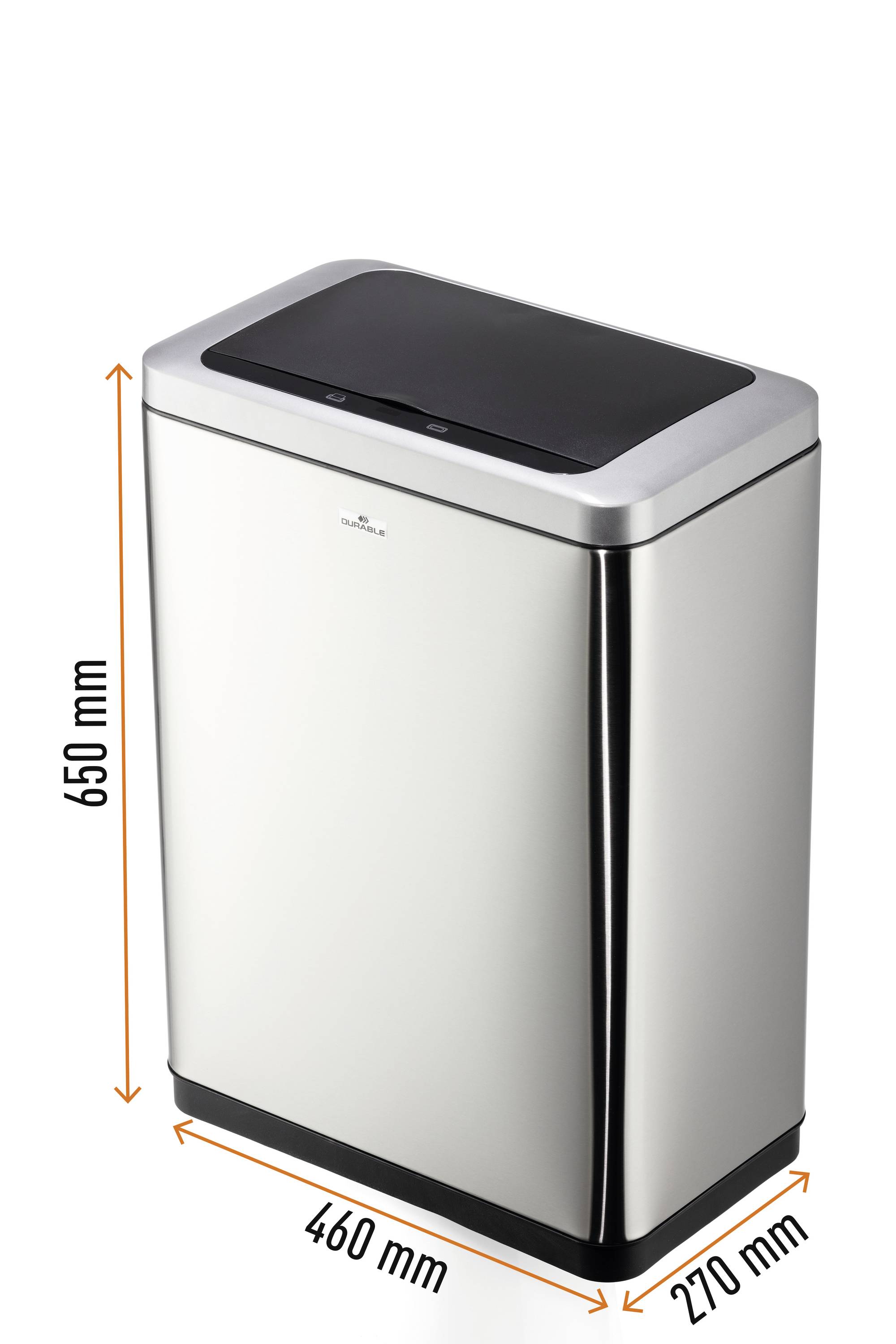Vuilnisbak van roestvrij staal met touchdeksel. Afmetingen: 650 mm hoog, 460 mm breed, 270 mm diep. Moderne, functionele stijl.