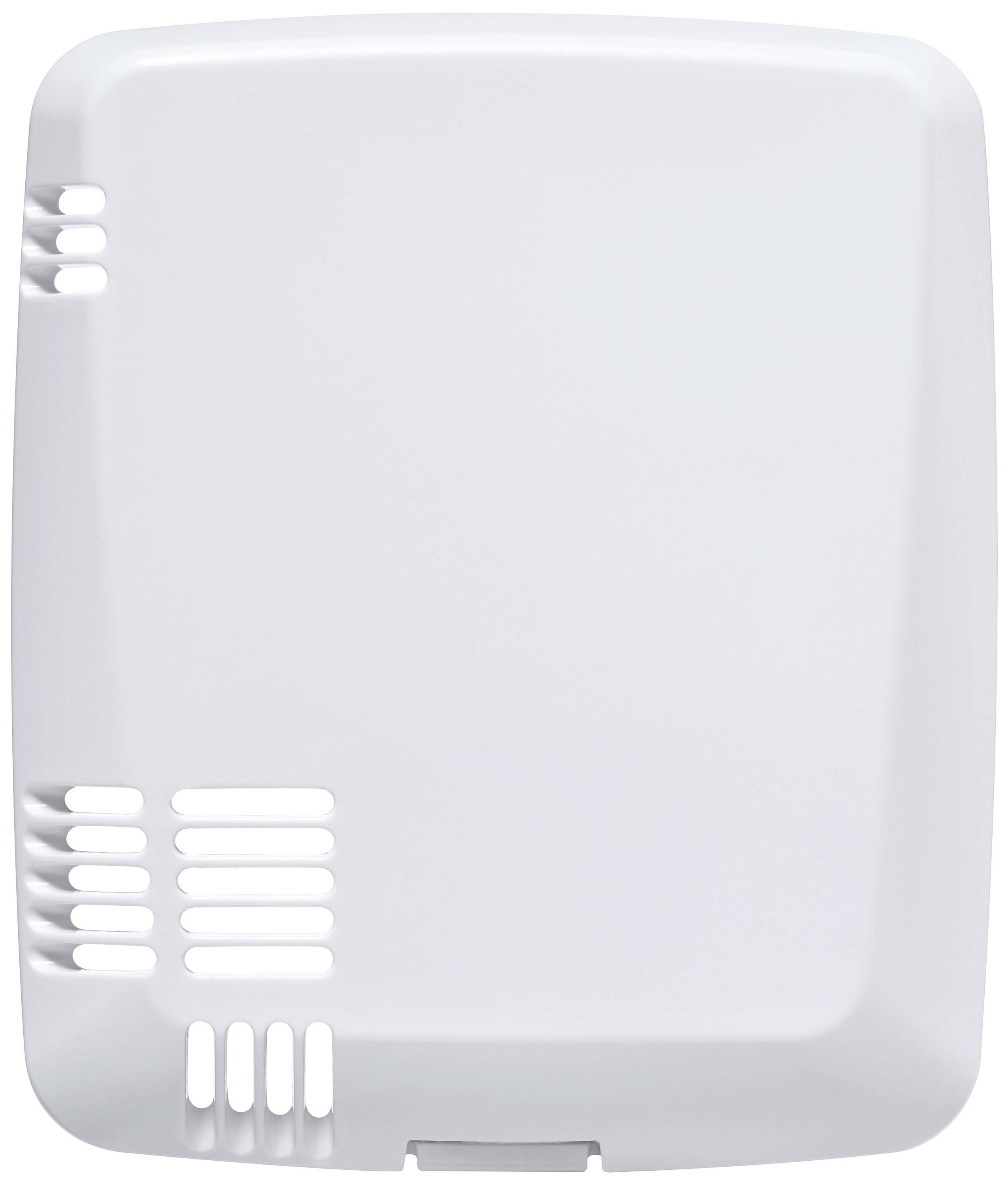 Witte kunststof afdekking met ventilatiesleuven, waarschijnlijk bedoeld voor een elektronisch apparaat of sensor.