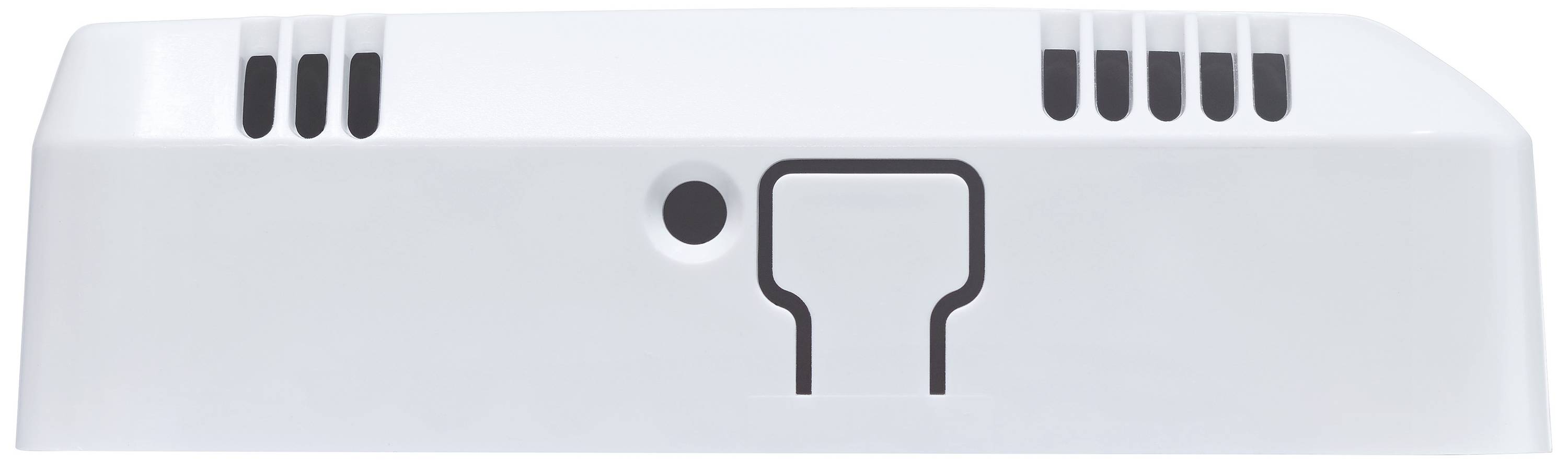 Wit elektronisch apparaat met ventilatiesleuven bovenaan en een kleine cirkel in het midden, waarschijnlijk een sensor of detector.