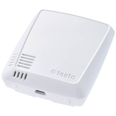 Een wit, rechthoekig meetapparaat met afgeronde hoeken, ventilatiesleuven en een USB-aansluiting. Op de voorkant staat 'testo'.