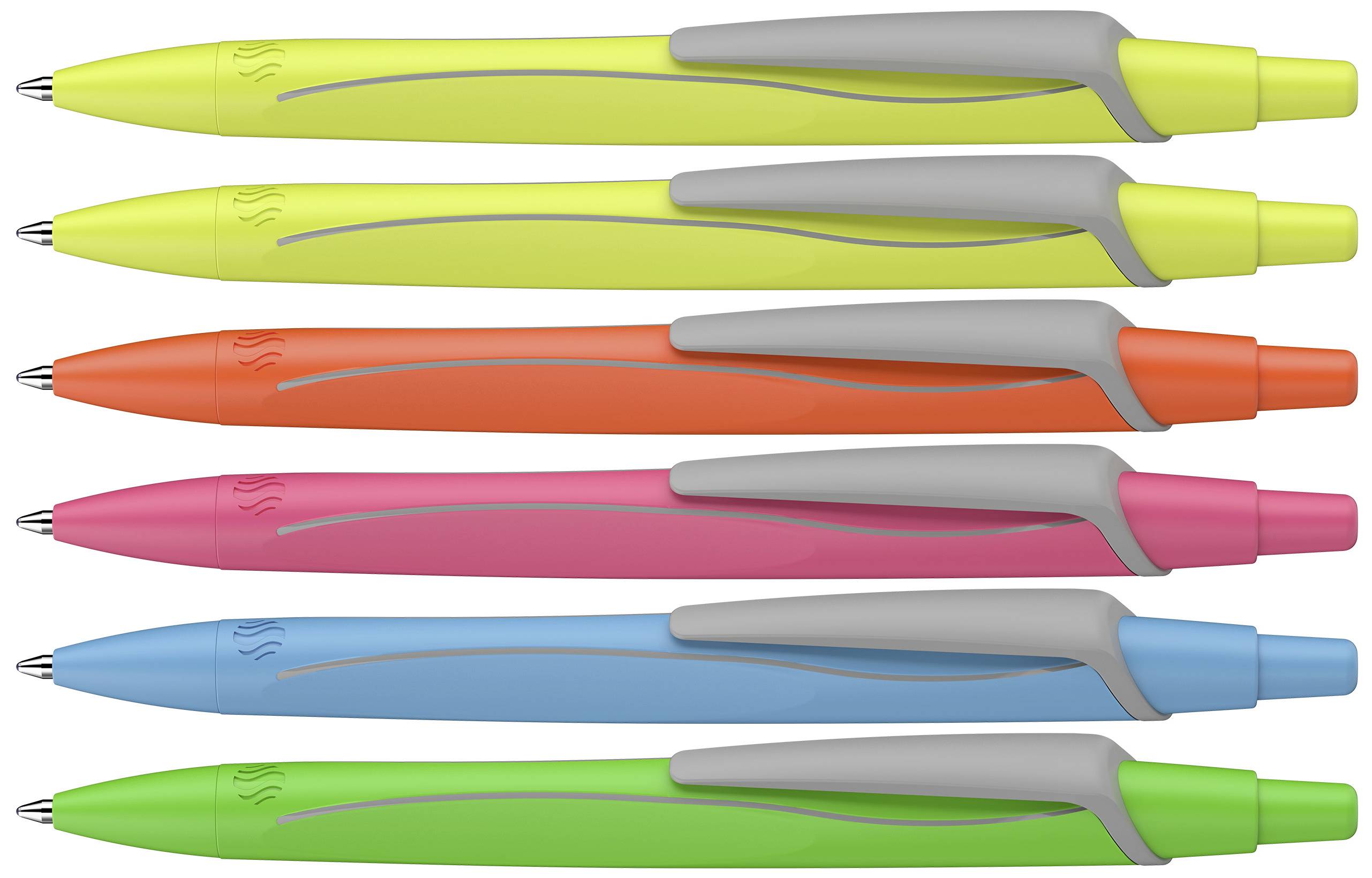 Zes pennen in geel, oranje, roze, blauw, groen, parallel naast elkaar met grijze handgrepen op een witte achtergrond.