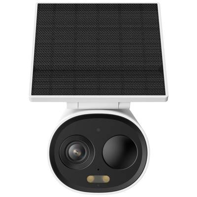 Een bewakingscamera met een zonnepaneel dat bovenaan is bevestigd. De camera heeft een modern, afgerond ontwerp in zwart en wit.