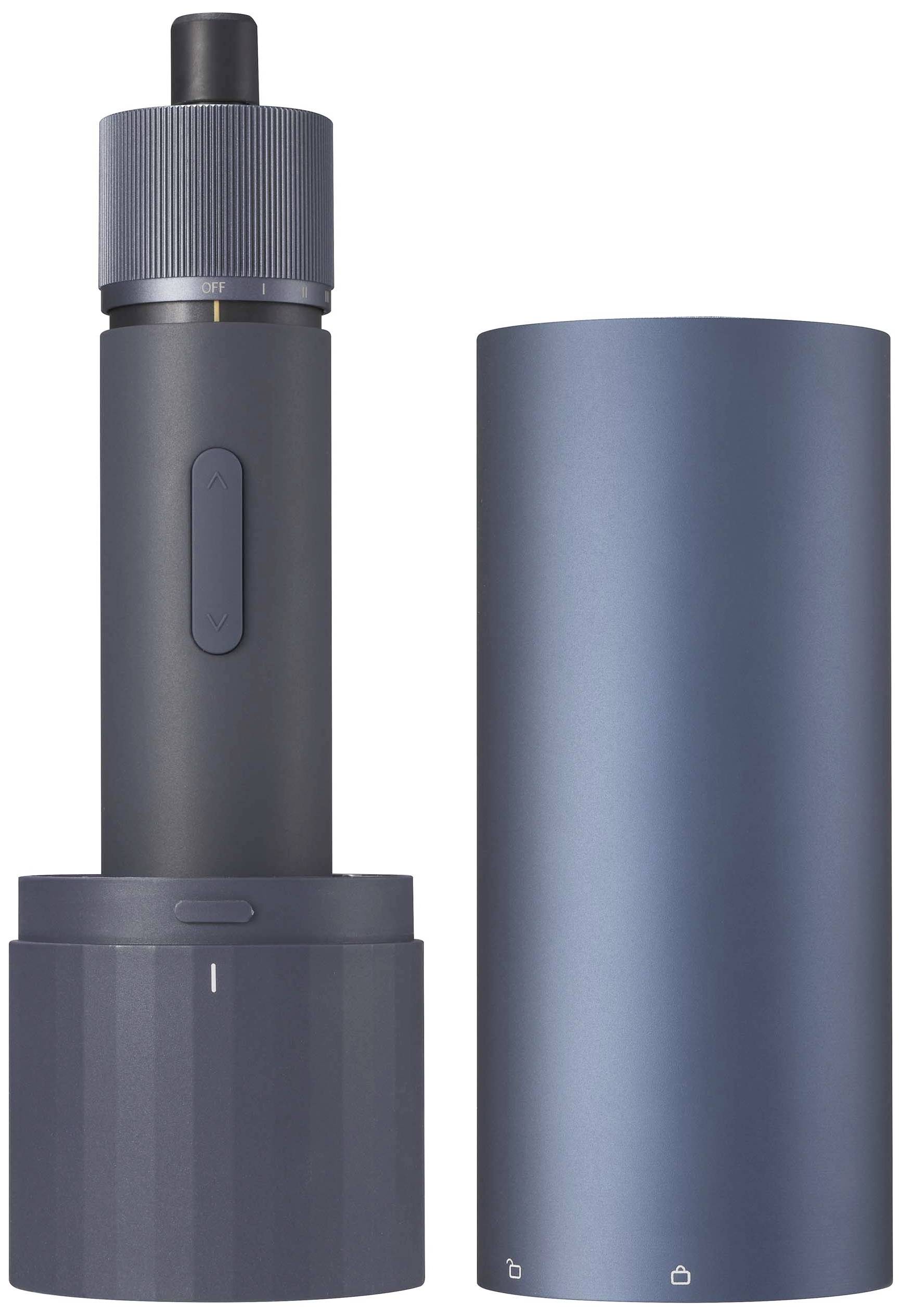 Een donkerblauw, cilindrisch apparaat met een verwijderbare behuizing, dat mogelijk een elektronisch apparaat of accessoire is.