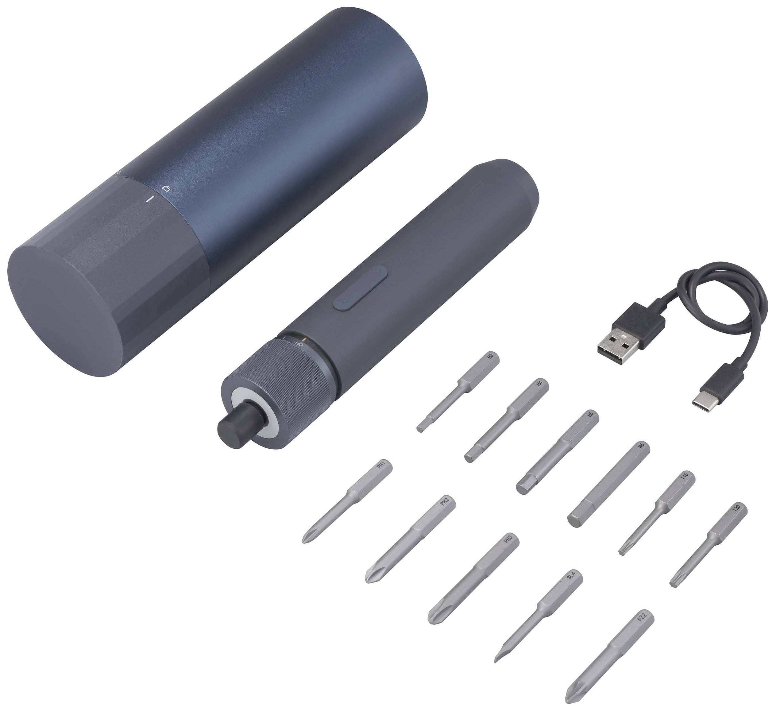 'Elektrische schroevendraaier-set met opzetstukken en oplaadkabel, geschikt voor uiteenlopende schroefwerkzaamheden.'