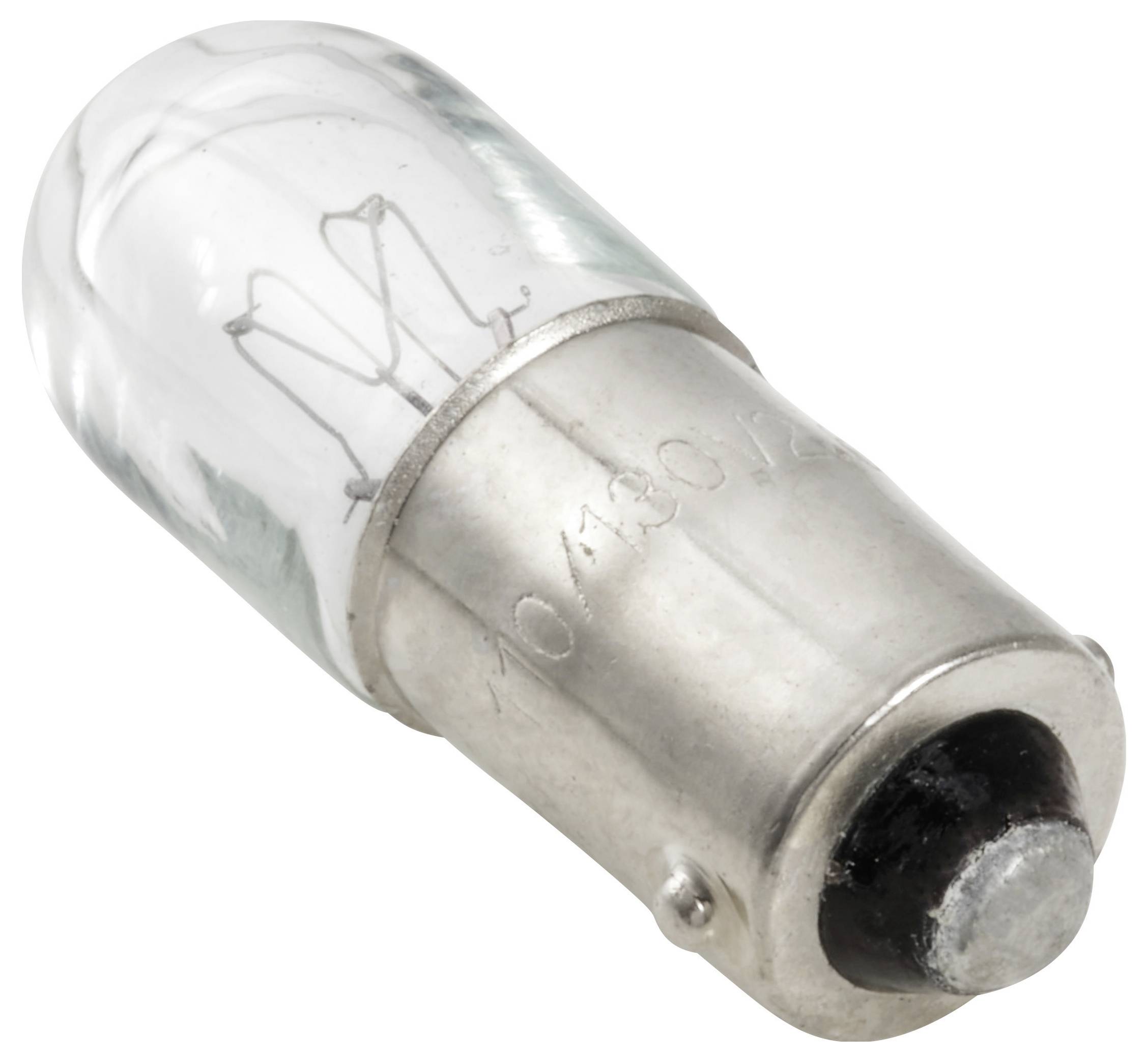 Een gloeilamp met metalen voet en zichtbare draad aan de binnenkant, liggend.