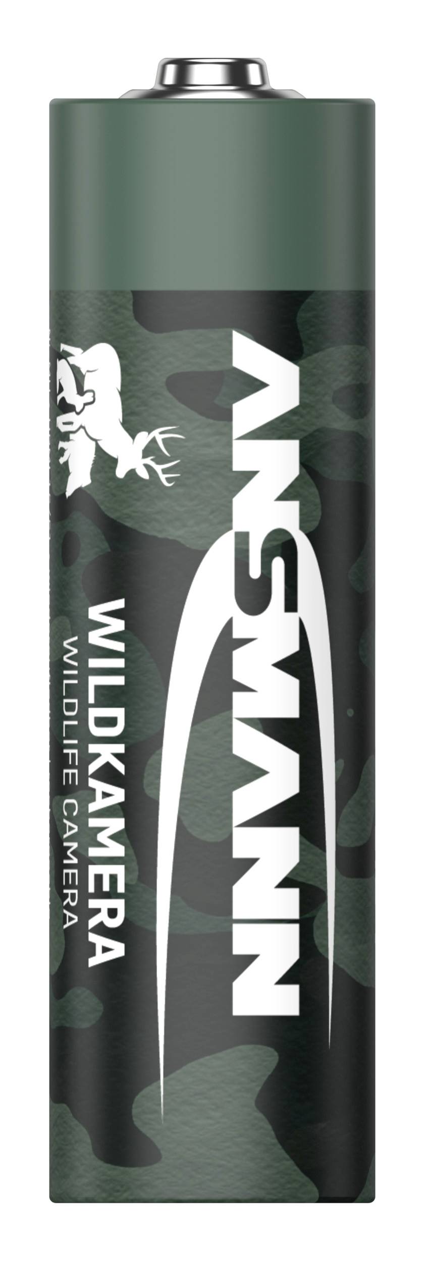 Batterij in camouflageontwerp met de opdruk 'ANSMANN' en 'WILDKAMERA WILDLIFE CAMERA'; geschikt voor wildcamera's.