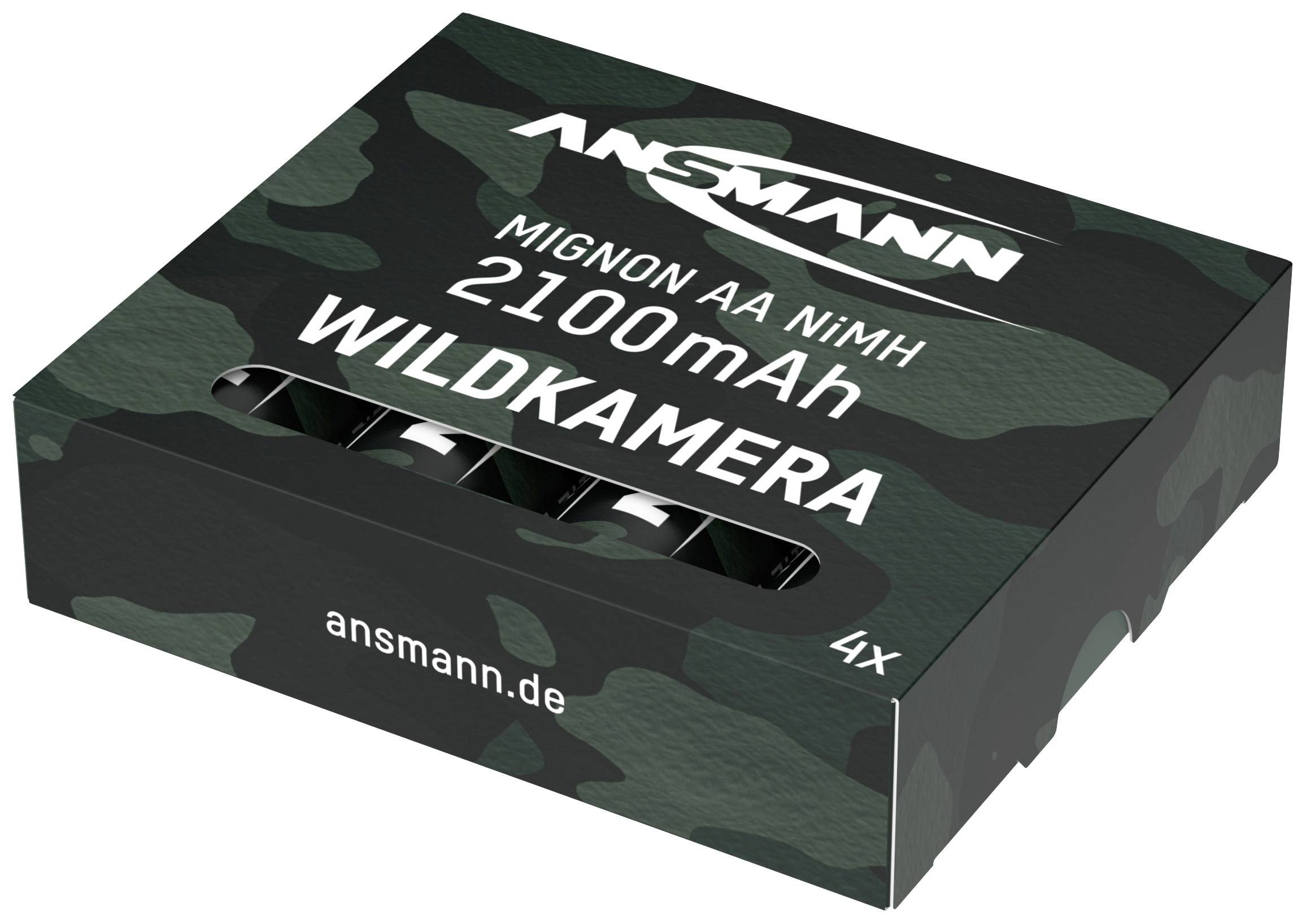 Verpakking van Ansmann Mignon AA NiMH batterijen, 2100mAh, speciaal geschikt voor wildcamera's, bevat 4 batterijen.