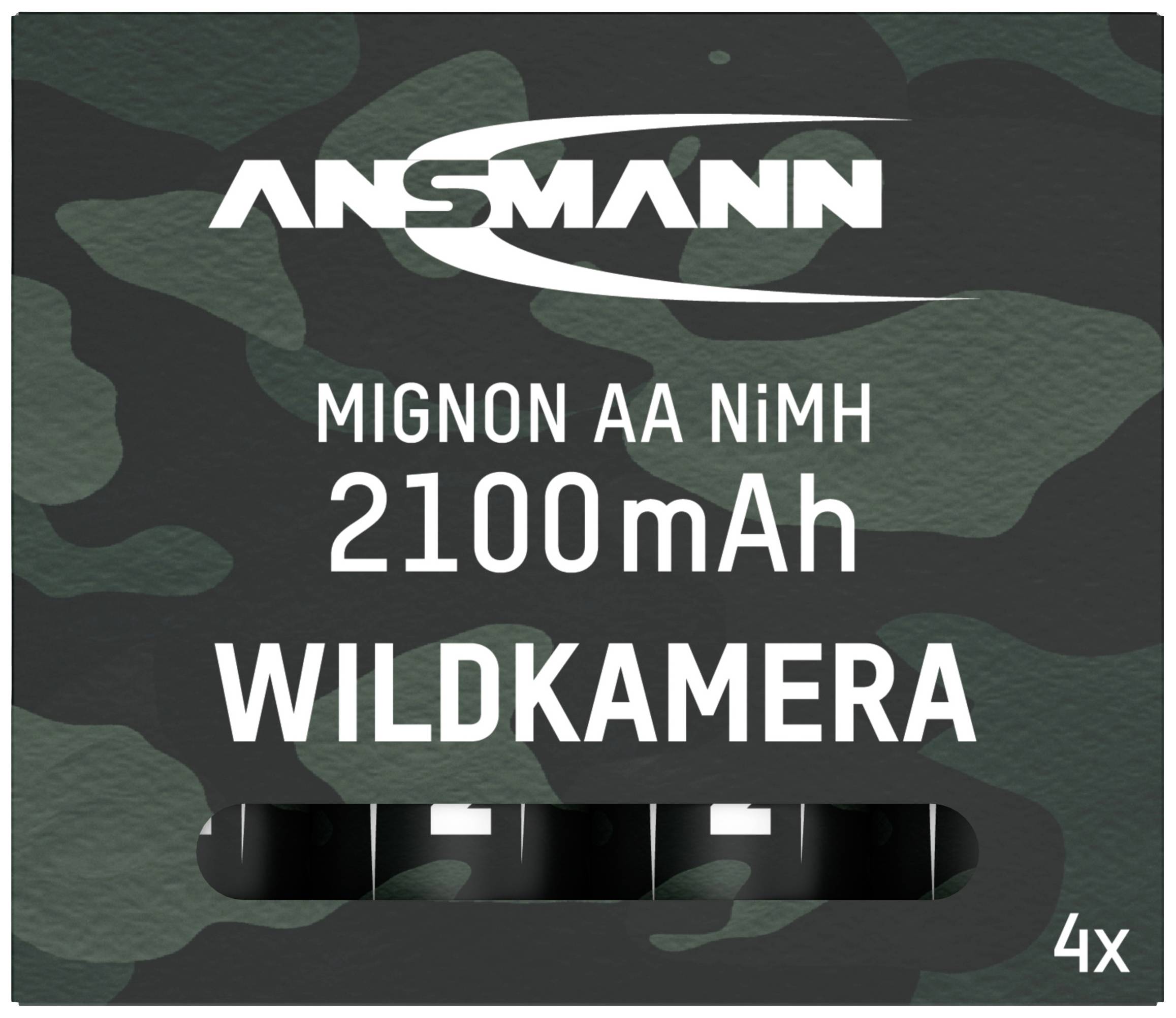 'Packaging of Ansmann AA NiMH Rechargeable Batteries, 2100mAh, suitable for wildlife cameras; dark green camouflage design; contains 4 pieces.'