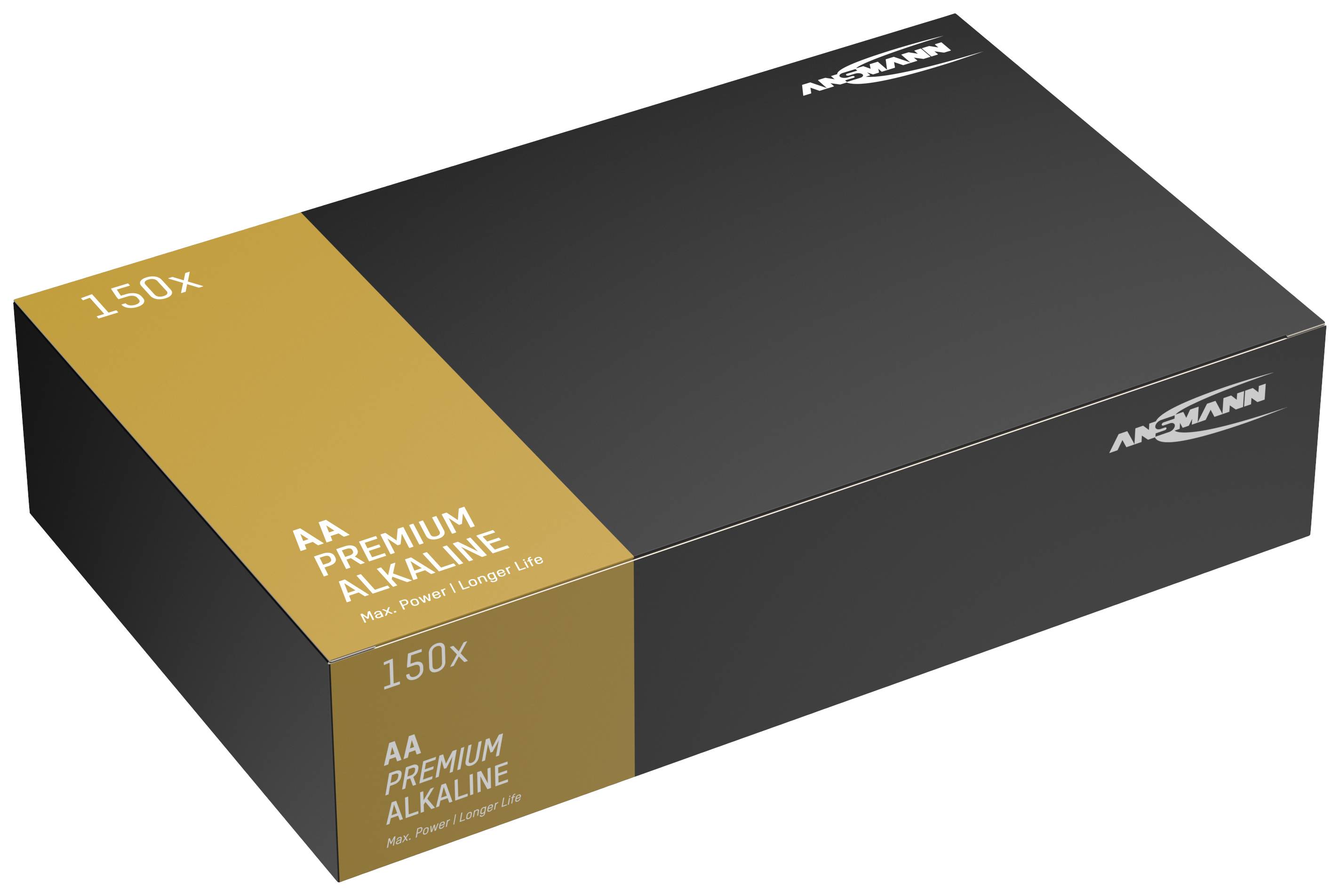 Zwarte en gouden verpakking van 150 AA Premium Alkaline-batterijen van het merk Ansmann, geschikt voor toepassingen met hoge prestaties.