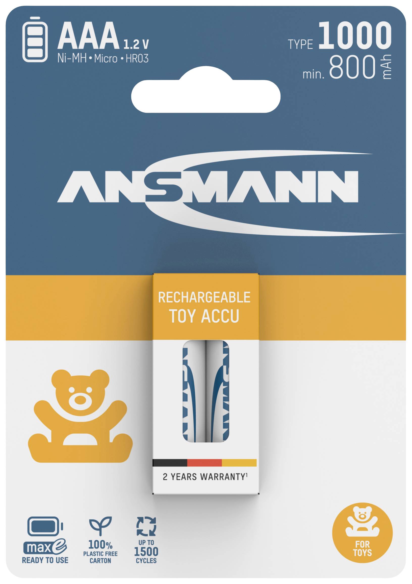 Verpakking van oplaadbare AAA-batterijen, 1,2V, 1000mAh, voor speelgoed. Gemarkeerd met '2 Jaar Garantie' en een beer-icoon.