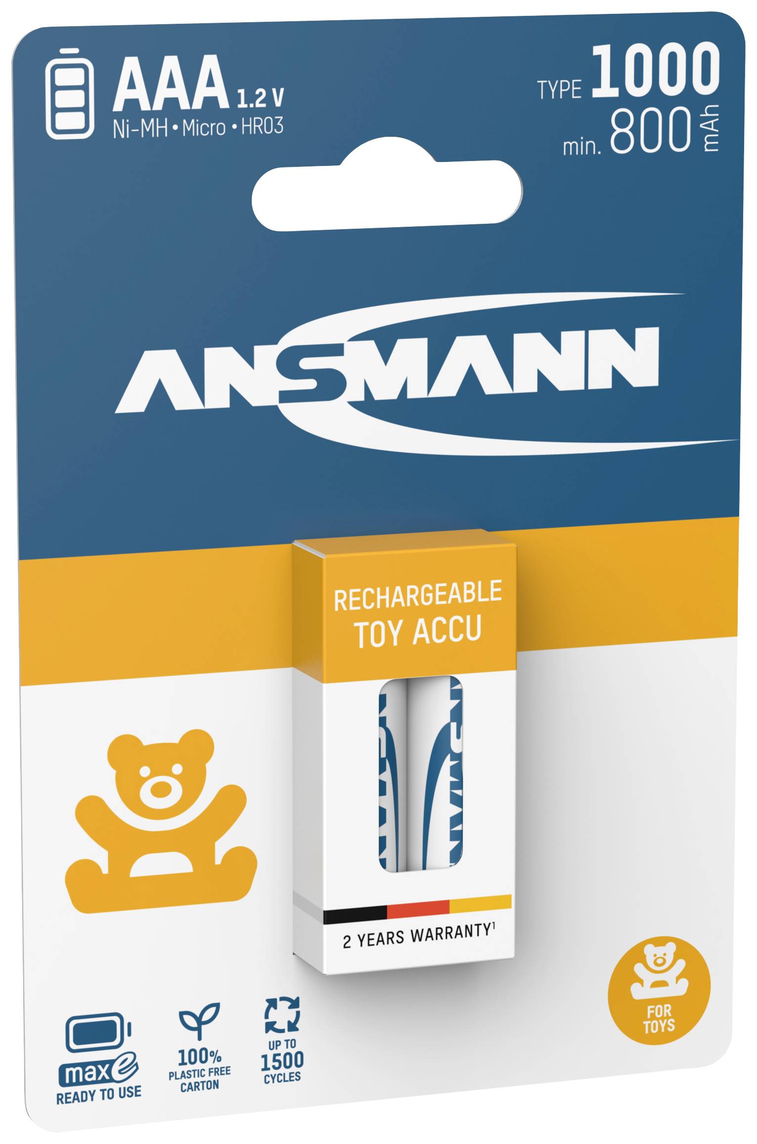 Packaging of Ansmann AAA 1.2V Ni-MH rechargeable battery, suitable for toys. Capacity: 1000mAh, minimum 800mAh. Contains 2 batteries.