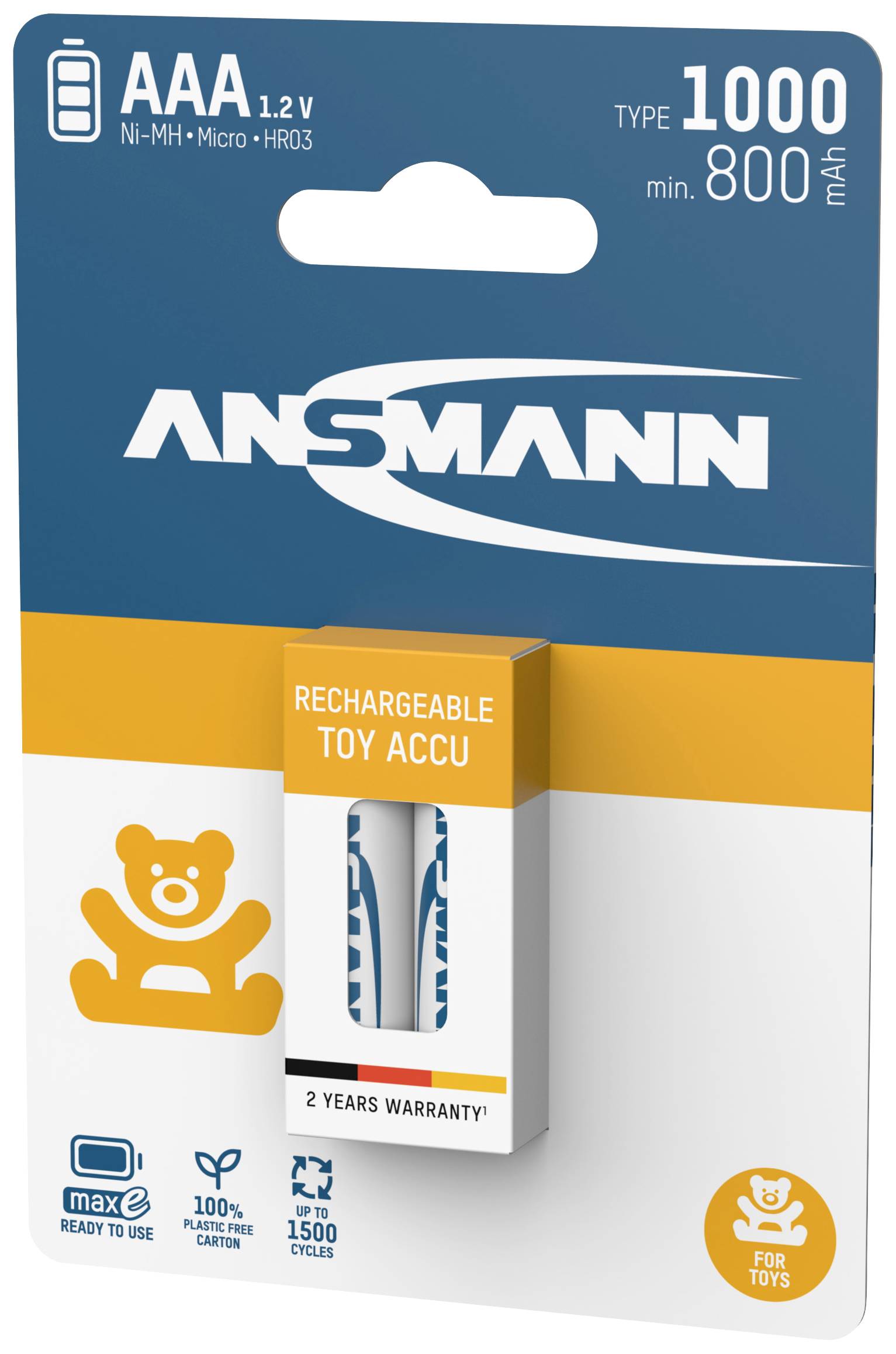 AAA-accu van Ansmann, Ni-MH, 1,2 V, 1000 mAh, geschikt voor speelgoed, 2 jaar garantie, tot 1500 laadcycli.