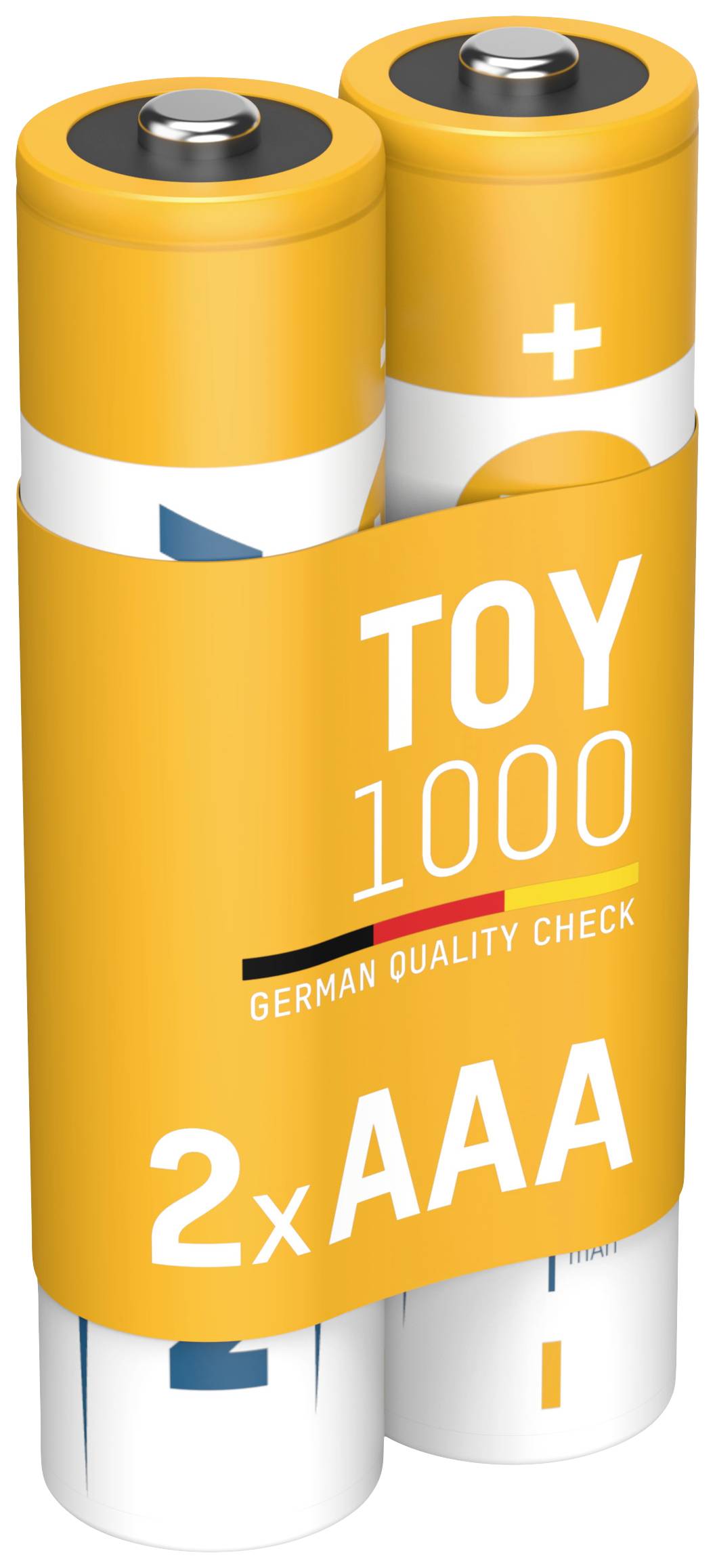 Twee AAA-batterijen met een geel etiket waarop 'TOY 1000 German Quality Check' staat.