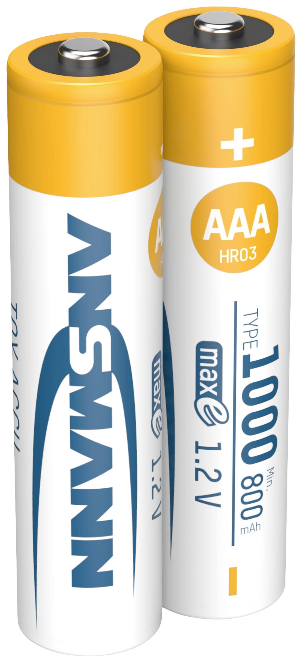Twee AAA-batterijen van het merk Ansmann met gele uiteinden, een spanning van 1,2V en een capaciteit van 800 mAh.