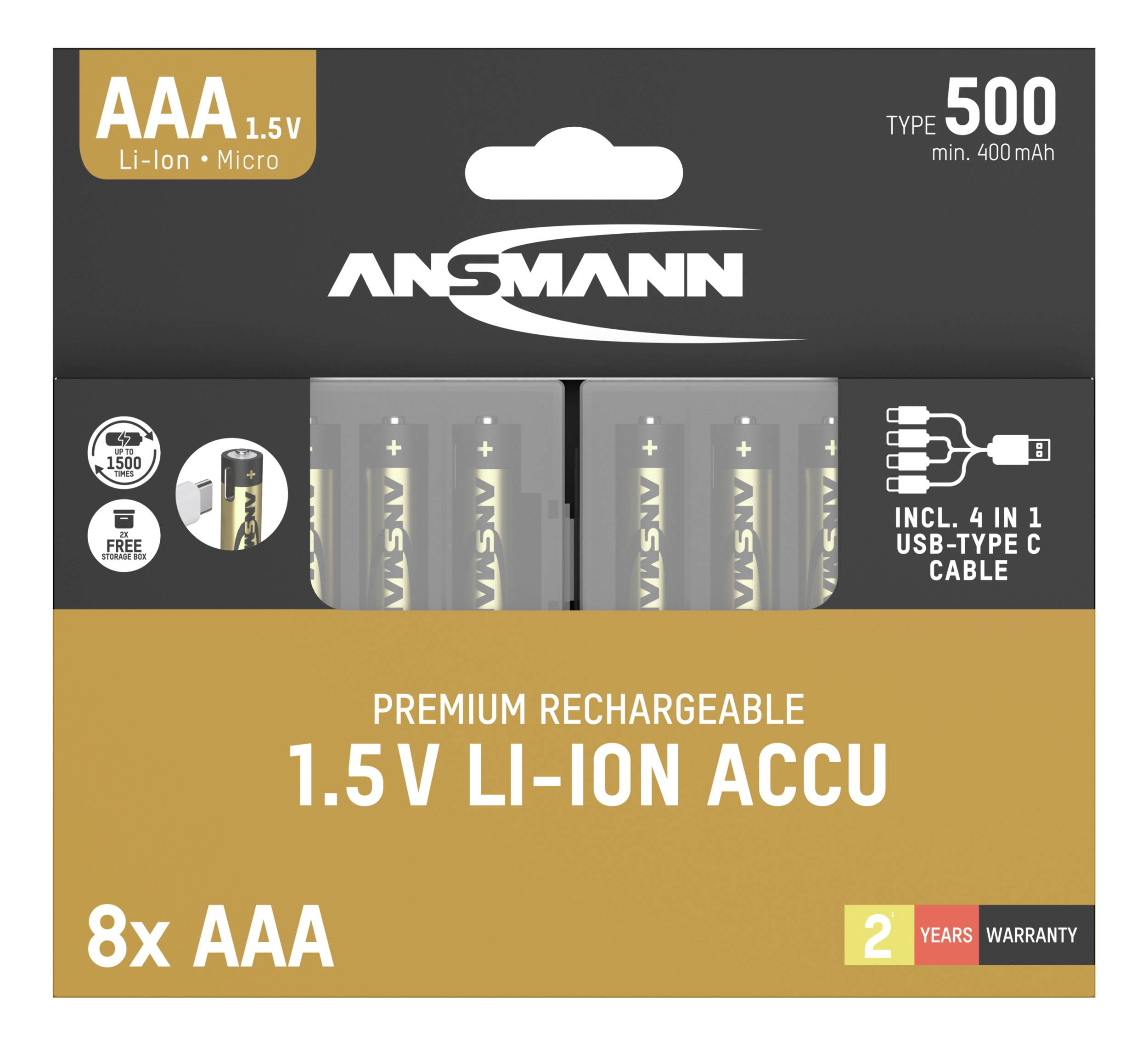 Acht oplaadbare AAA 1,5V lithium-ion accu's met USB-C-kabel, capaciteit 500 mAh, 2 jaar garantie, merk Ansmann.