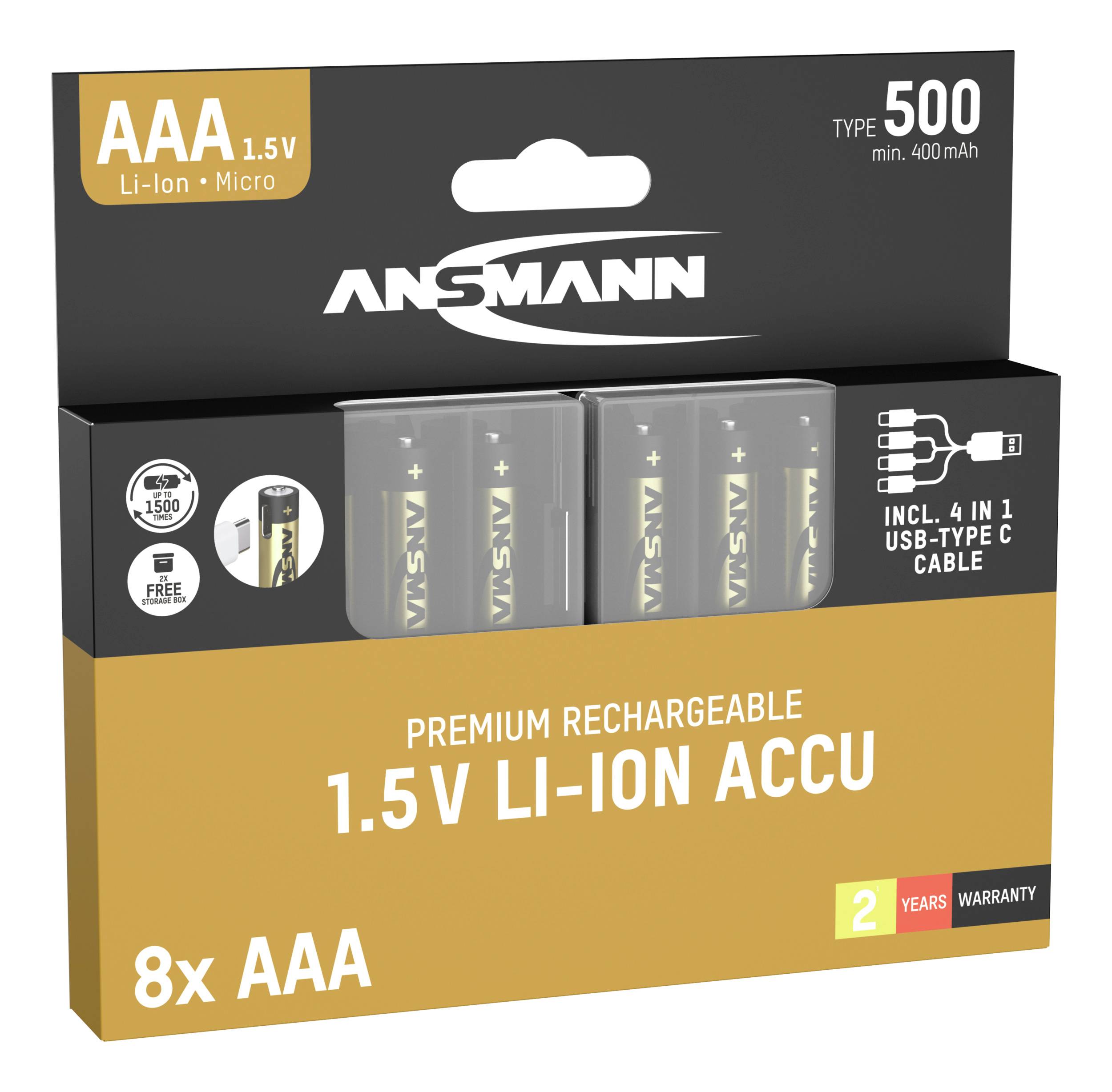 'Acht AAA herlaadbare lithium-ion-accu's, Ansmann merk, 1,5V, met USB-C kabel, 2 jaar garantie, Type 500, 400mAh minimaal.'