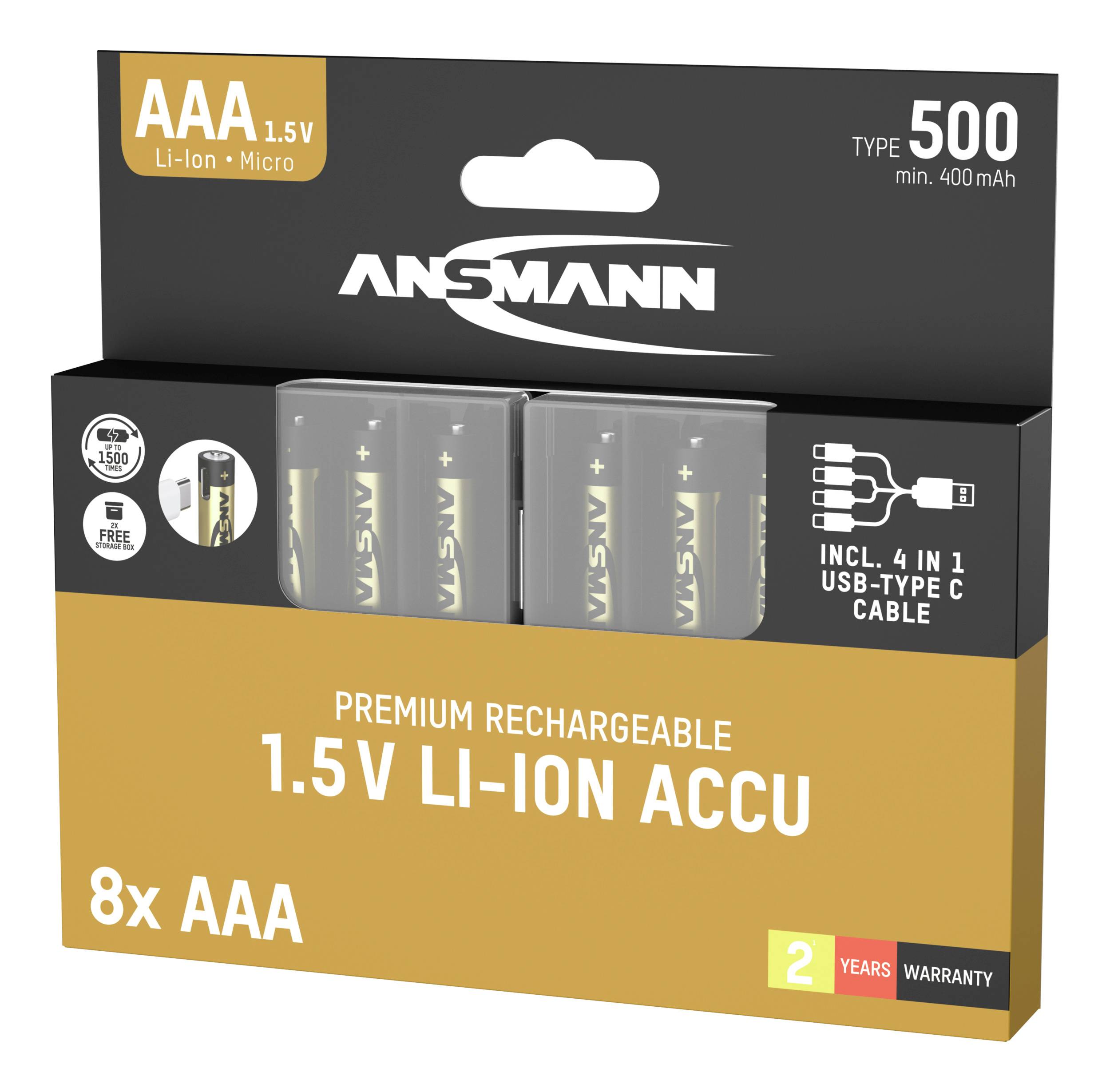 Verpakking voor oplaadbare AAA-batterijen. Merk Ansmann, bevat 8 stuks. 1,5V Li-Ion met USB-C kabel. 500 laadcycli.