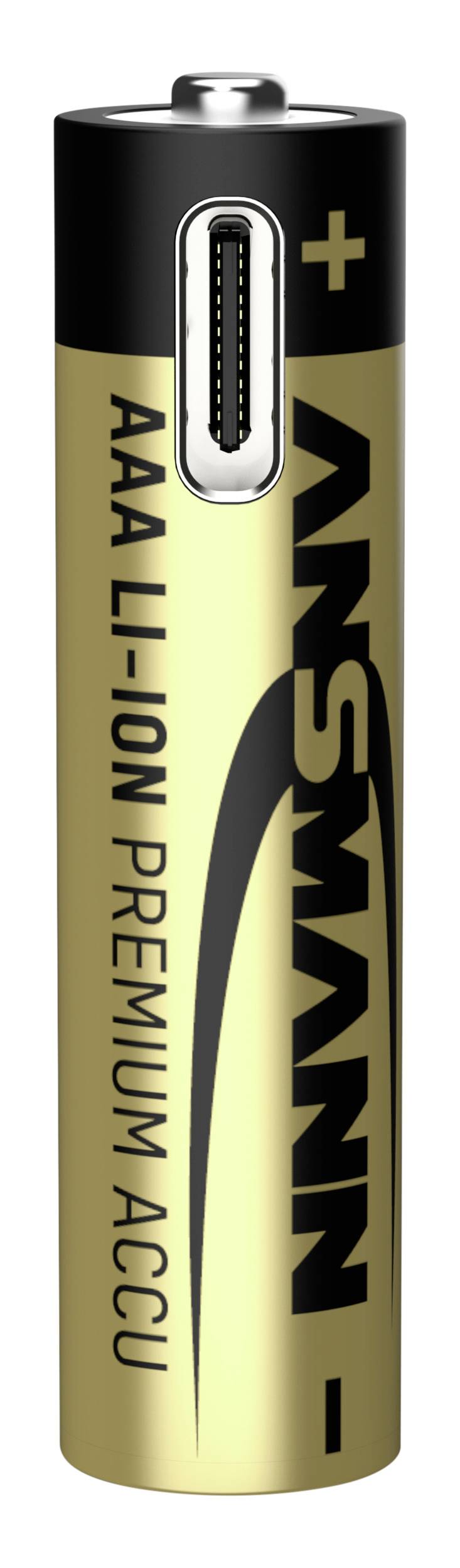 Een gouden AAA lithium-ion batterij met 'ANSMANN AAA LI-ION PREMIUM ACCU' opschrift en plus-min markering bovenaan.